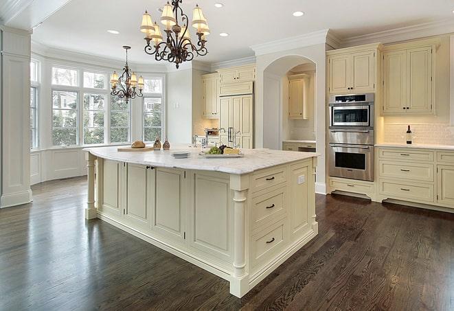 hardwood-look laminate floors in a newly renovated kitchen in Emeryville CA